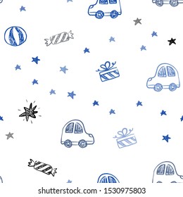 Dark BLUE vector seamless template in carnival style. Colorful illustration with a toy car, baloon, candy, star, ball. Design for holiday adverts.