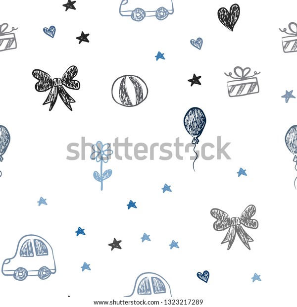 Dark BLUE vector\
seamless template with carnival elements. Colorful illustration\
with a toy car, heart, baloon, tulip, candy, ball. Design for\
colorful commercials.