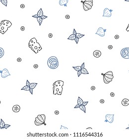 Dark BLUE vector seamless texture with delicious snacks. Glitter abstract sketch with gourmet food. Pattern for menu of cafes, bars, restaurants.