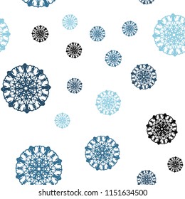 Dark BLUE vector seamless texture with colored snowflakes. Glitter abstract illustration with crystals of ice. Design for textile, fabric, wallpapers.