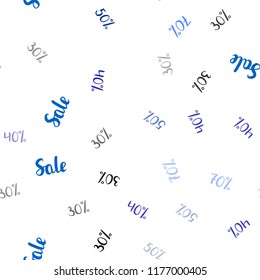 Dark BLUE vector seamless texture with selling prices 30, 40, 50, 70 %. Colored words of sales with gradient on white background. Backdrop for mega promotions, discounts.