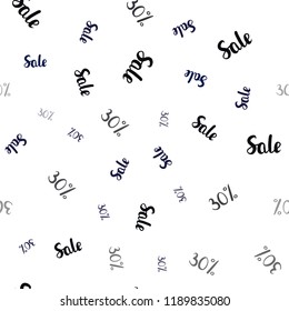 Dark BLUE vector seamless texture with selling prices 30%. Colored words of sales with gradient on white background. Pattern for ads, posters, banners of sales.