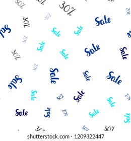 Dark BLUE vector seamless texture with selling prices 30 %. Illustration with signs of sales on abstract template. Design for business ads, commercials.