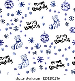 Dark BLUE vector seamless texture with colored snowflakes, balls, socks, mittens. Shining colorful illustration in christmas style. Pattern for trendy fabric, wallpapers.