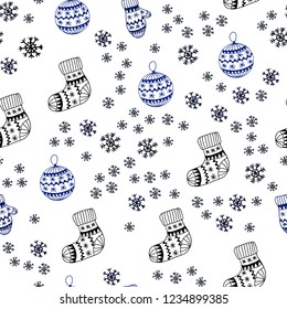 Dark BLUE vector seamless texture with colored snowflakes, balls, socks, mittens. Shining colorful illustration in christmas style. Pattern for trendy fabric, wallpapers.