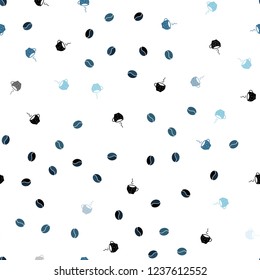 Dark BLUE vector seamless texture with coffee beans, mugs. Gradient abstract collection of coffee cups and beans. Template of a black hot beverage in a cafe.