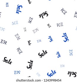 Dark BLUE vector seamless texture with selling prices 30, 50, 70 %. Abstract illustration with colorful gradient symbols of sales. Pattern for ads, posters, banners of sales.