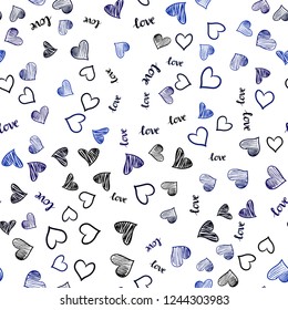 Dark BLUE vector seamless texture with words LOVE YOU, hearts. Colorful illustration with quote LOVE YOU, hearts. Template for business cards, websites.