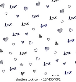 Dark BLUE vector seamless texture with words LOVE YOU, hearts. Romantic illustration with colorful phrase LOVE YOU, hearts. Template for business cards, websites.