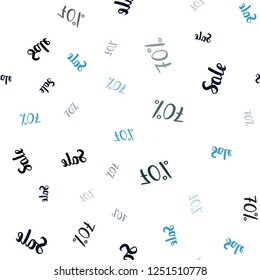 Dark BLUE vector seamless texture with selling prices 70 %. Colored words of sales with gradient on white background. Pattern for ads, posters, banners of sales.
