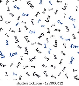 Dark BLUE vector seamless texture with words LOVE YOU. Illustration with colorful phrase LOVE YOU in romantic style. Template for business cards, websites.