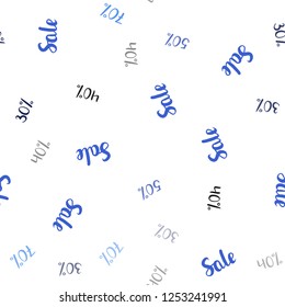 Dark BLUE vector seamless texture with selling prices 30, 40, 50 %. Colorful set of  percentage signs in simple style. Template for season sales, shopping ads.
