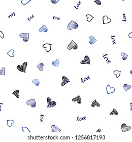 Dark BLUE vector seamless texture with words LOVE YOU, hearts. Colorful gradient phrase LOVE YOU, hearts in abstract style. Pattern for trendy fabric, wallpapers.