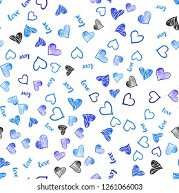 Dark BLUE vector seamless texture with words LOVE YOU, hearts. Romantic illustration with colorful phrase LOVE YOU, hearts. Pattern for design of fabric, wallpapers.