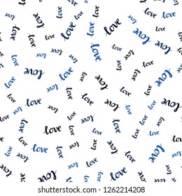 Dark BLUE vector seamless texture with words LOVE YOU. Illustration with colorful phrase LOVE YOU in romantic style. Texture for window blinds, curtains.