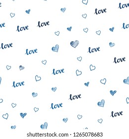 Dark BLUE vector seamless texture with words LOVE, hearts. Colorful illustration with quote LOVE, hearts. Design for wallpaper, fabric makers.