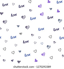 Dark BLUE vector seamless texture with words LOVE YOU, hearts. Illustration with phrase LOVE YOU, hearts for valentine's day. Template for business cards, websites.