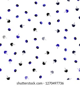 Dark BLUE vector seamless texture with coffee beans, mugs. Gradient illustration with set of mugs, beans. Pattern for ads of breakfast, lunch, dinner.