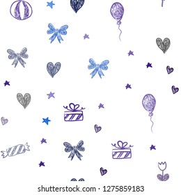 Dark BLUE vector seamless texture in birthday style. Abstract illustration with aheart, baloon, candy, gift, star, ribbon. Design for colorful commercials.