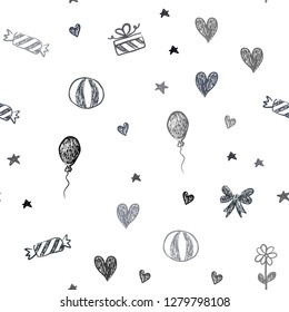 Dark BLUE vector seamless texture in birthday style. Shining illustration with aheart, baloon, candy, gift, star, ribbon. Design for holiday adverts.