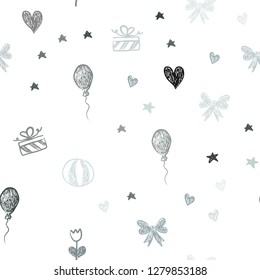 Dark BLUE vector seamless texture in birthday style. Design in xmas style with aheart, baloon, candy, gift, star, ribbon. Template for new year postcards.