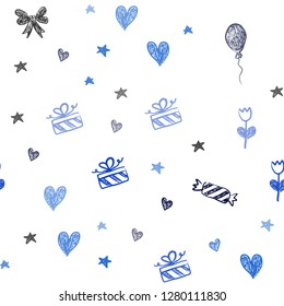 Dark BLUE vector seamless texture in birthday style. Illustration with a colorfulheart, baloon, candy, gift, star, ribbon. Pattern for carnival, festival ads.