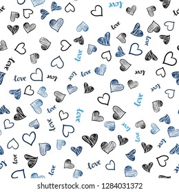 Dark BLUE vector seamless texture with words LOVE YOU, hearts. Design in doodle style with text LOVE YOU, hearts. Template for business cards, websites.
