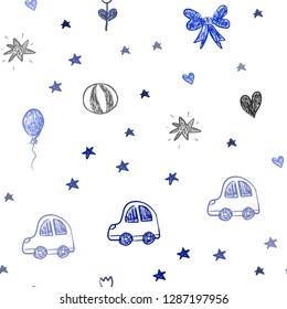 Dark BLUE vector seamless texture with birthday gifts. Shining illustration with a toy car, heart, baloon, tulip, candy, ball. Design for holiday adverts.