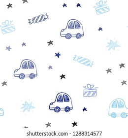 Dark BLUE vector seamless texture in birthday style. Colorful illustration with a toy car, baloon, candy, star, ball. Pattern for birthday gifts.