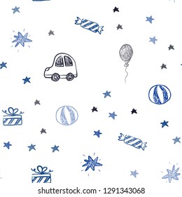 Dark BLUE vector seamless texture in birthday style. Colorful illustration with a toy car, baloon, candy, star, ball. Pattern for carnival, festival ads.