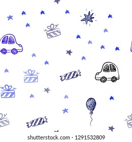 Dark BLUE vector seamless texture in birthday style. Illustration with a gradient toy car, baloon, candy, star, ball. Pattern for new year ads.