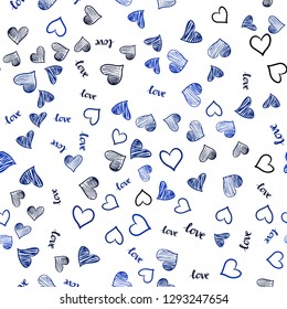 Dark BLUE vector seamless texture with words LOVE YOU, hearts. Illustration with phrase LOVE YOU, hearts for valentine's day. Texture for window blinds, curtains.