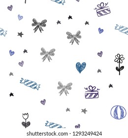 Dark BLUE vector seamless texture in birthday style. Colorful illustration with aheart, baloon, candy, gift, star, ribbon. Pattern for birthday gifts.