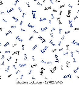 Dark BLUE vector seamless texture with words LOVE YOU. Decorative illustration with words of love in abstract style. Texture for window blinds, curtains.