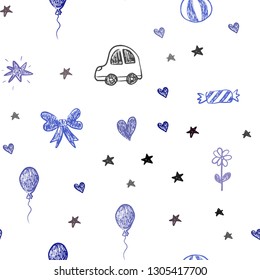 Dark BLUE vector seamless texture with birthday gifts. Design in xmas style with a toy car, heart, baloon, tulip, candy, ball. Design for colorful commercials.