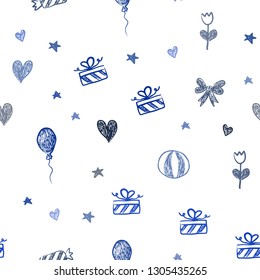 Dark BLUE vector seamless texture in birthday style. Illustration with a colorfulheart, baloon, candy, gift, star, ribbon. Design for holiday adverts.