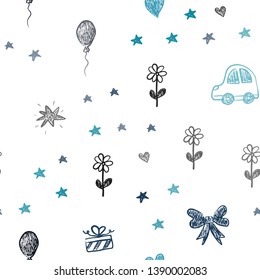 Dark BLUE vector seamless texture with birthday gifts. Abstract illustration with a toy car, heart, baloon, tulip, candy, ball. Design for holiday adverts.