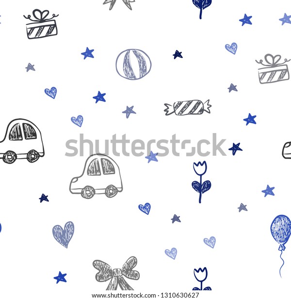 Dark BLUE vector\
seamless texture with birthday gifts. Colorful illustration with a\
toy car, heart, baloon, tulip, candy, ball. Design for colorful\
commercials.