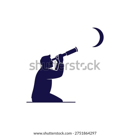 A dark blue vector silhouette of a man kneeling and looking through a telescope at a crescent moon. This illustration represents the traditional sighting of the new moon (Hilal) to mark the beginning of Ramadan or Eid. Perfect for Islamic calendar announcements, astronomical news, and religious festival decorations.