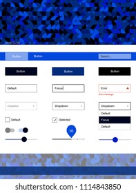 Dark BLUE vector style guide with circles. Web ui kit with abstract gradient circles in its header. This sample is for your website.