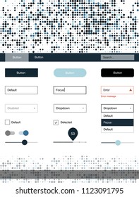 Dark BLUE vector style guide with circles. Web ui kit with abstract gradient circles in its header. Simple colorful design for websites.