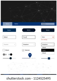 Dark BLUE vector style guide with triangles, circles. Style guide with triangles, circles on abstract background. This template you can use for landing pages.