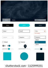 Dark BLUE vector style guide with sky stars. Simple Material Design Kit with colorful clouds in header. This sample is for your website.