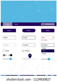Dark BLUE vector style guide with triangles, circles. Web ui kit with abstract triangles, circles in its header. Modern template for your landing page.