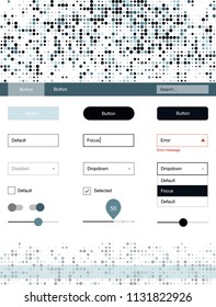 Dark BLUE vector style guide with circles. Beautiful ui ux kit with colorful dots in its header. This sample is for your landing page.
