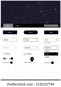 Dark BLUE vector style guide with triangles, circles. Web ui kit with abstract triangles, circles in its header. This template you can use for landing pages.