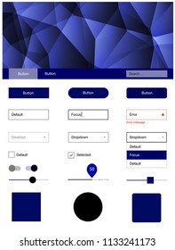 Dark BLUE vector style guide with triangles. Simple Material Design Kit with colorful mosaic of triangles. This template you can use for websites.