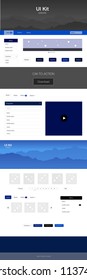 Dark BLUE vector style guide with mountains. Colorful ui/ux kit with header consisted of hills & rocks. This sample is for your tourist website.