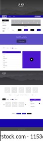 Dark BLUE vector style guide with mountains. Web ui kit with abstract gradient hills in its header. Simple colorful design for tourist websites.