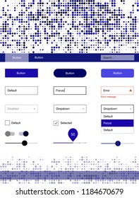 Dark BLUE vector style guide with circles. Beautiful ui ux kit with colorful dots in its header. This template you can use for landing pages.